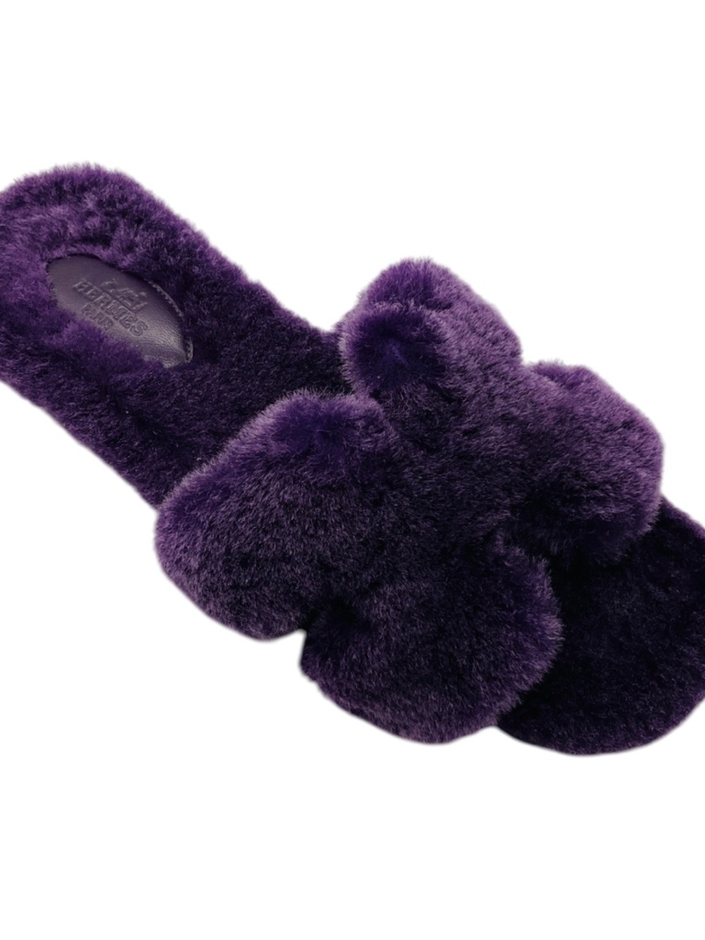 HERMES PURPLE H CUT OUT SHEARLING ORAN SANDALS